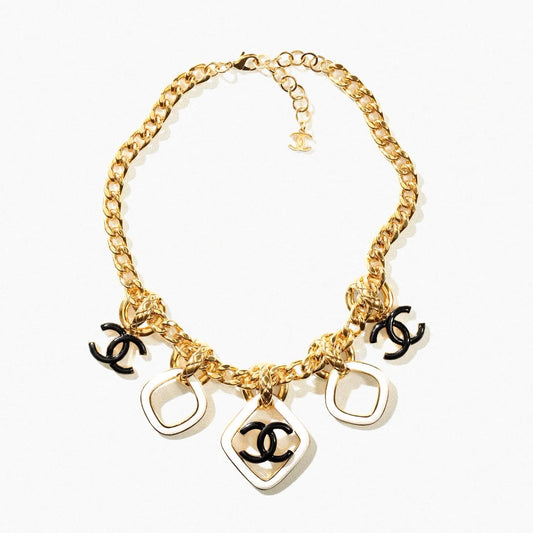 MULTI CHARM PINK GOLD  BLACK ENAMEL NECKLACE