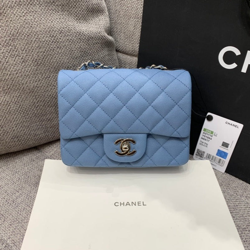 MINI SQUARE FLAP BAG 17CM BLUE CAVIAR SILVER HARDWARE
