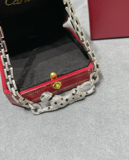PANTHERE DE CARTI SILVER DIAMOND ONYX CHAIN NECKLACE