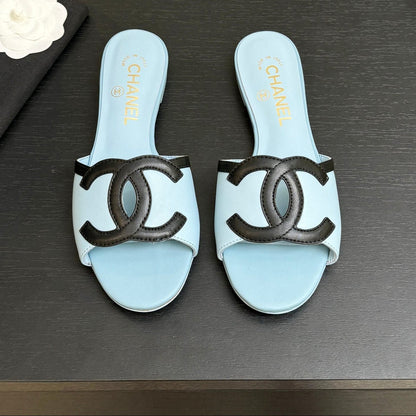 Chanel 2026 Flat Sandal Light Blue Black Cowhide