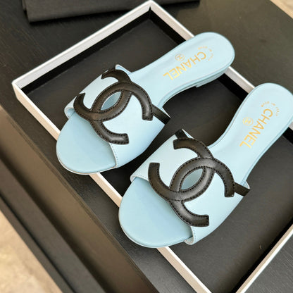 Chanel 2026 Flat Sandal Light Blue Black Cowhide