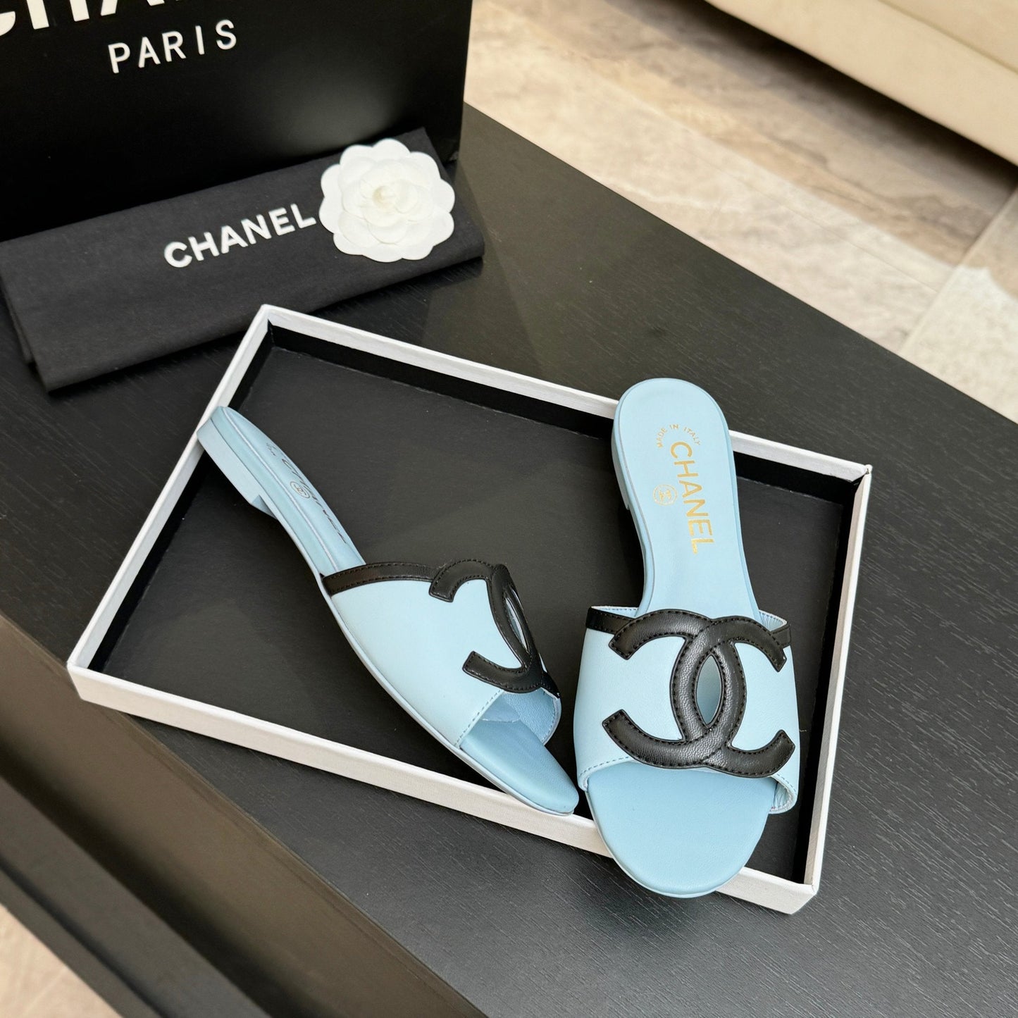 Chanel 2026 Flat Sandal Light Blue Black Cowhide