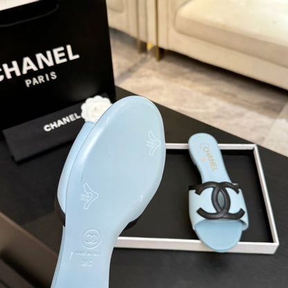 Chanel 2026 Flat Sandal Light Blue Black Cowhide