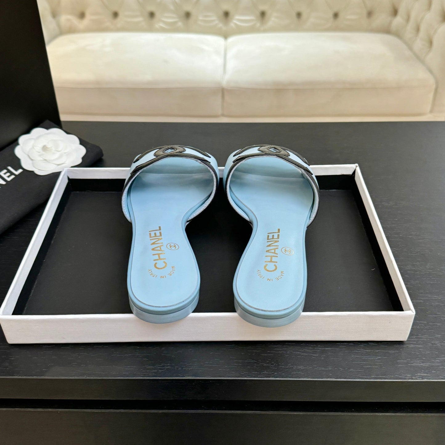 Chanel 2026 Flat Sandal Light Blue Black Cowhide