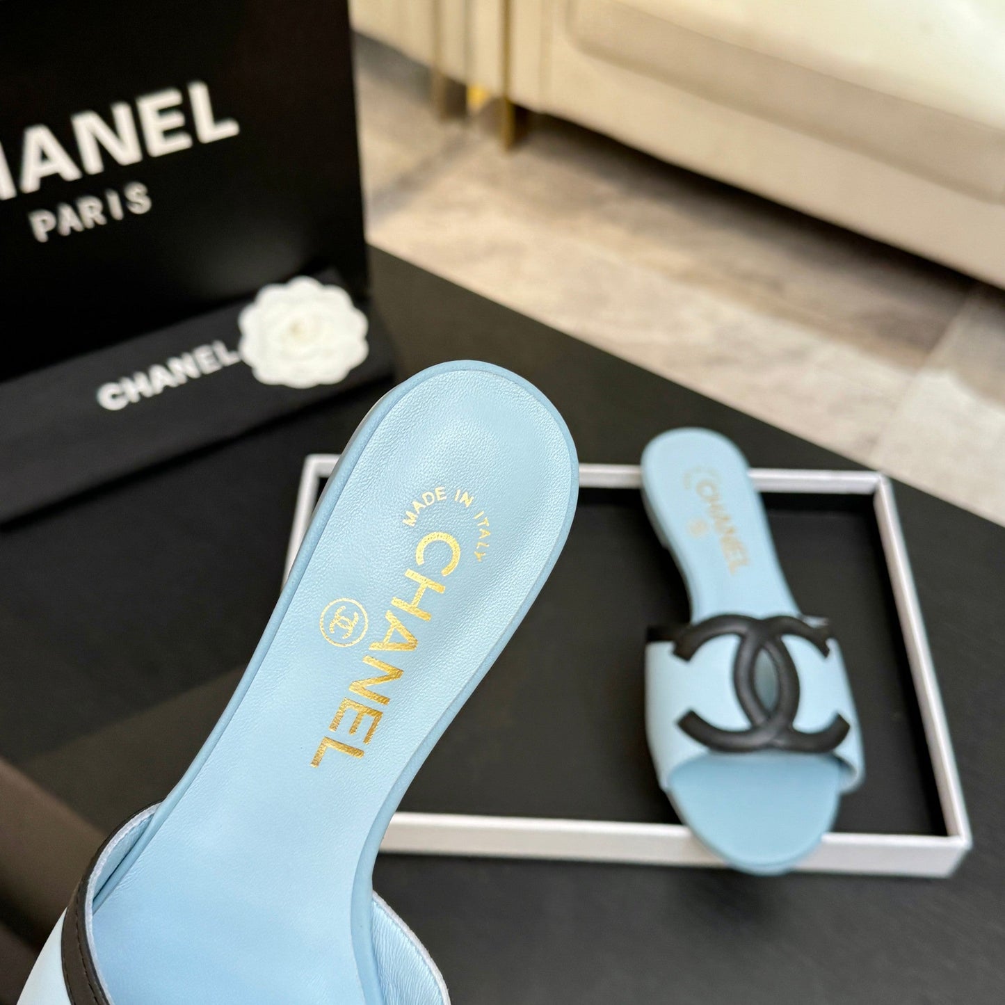 Chanel 2026 Flat Sandal Light Blue Black Cowhide
