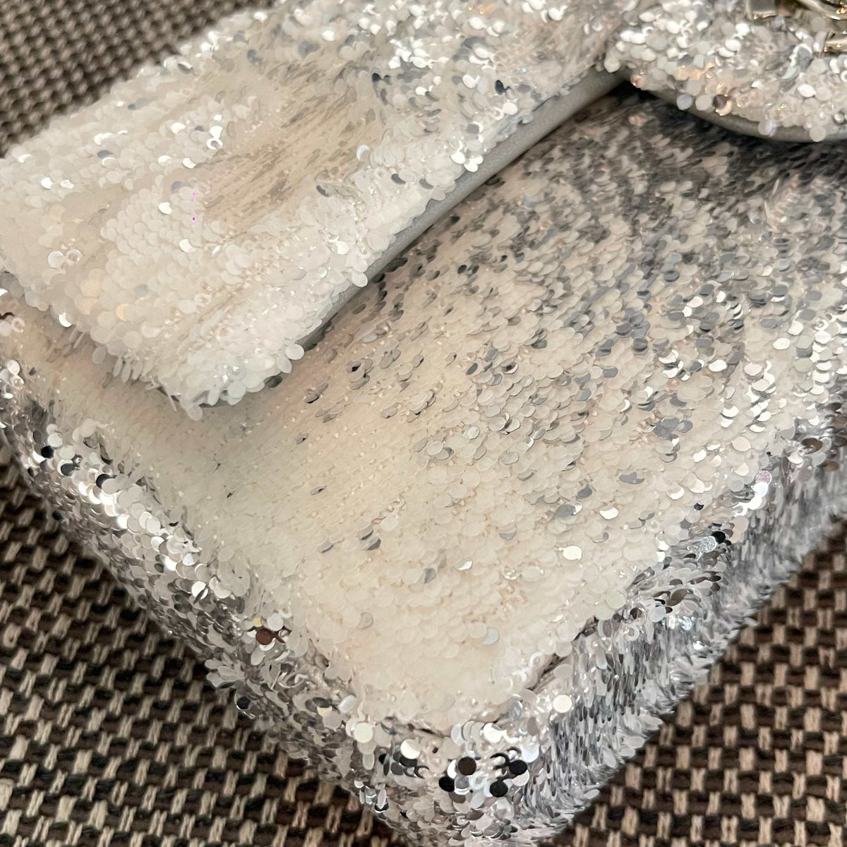 CC Flap Shoulder Bag 24cm Silver White Sequins