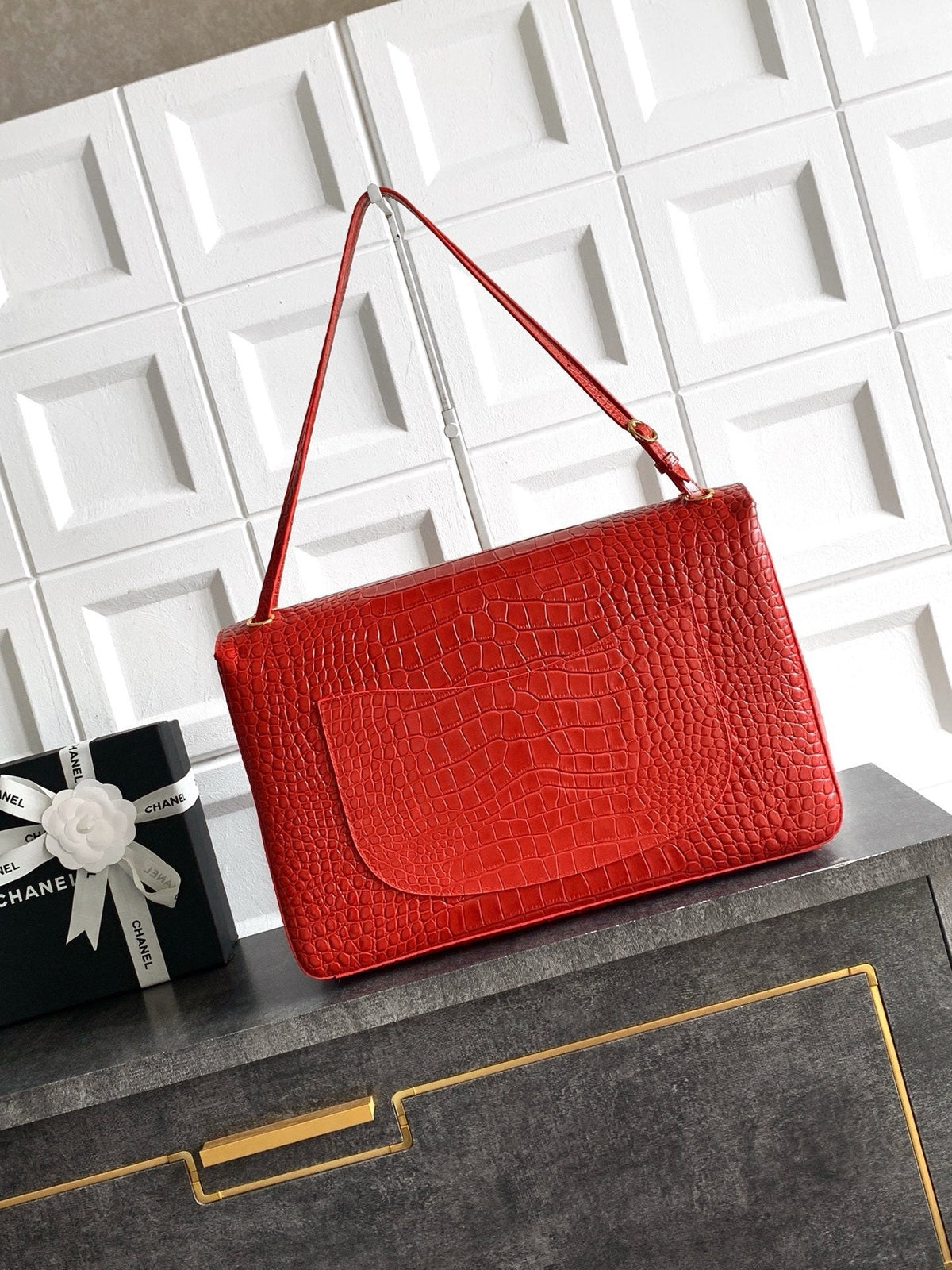 CC Croc Embossed Flap Bag 38.5cm Red Imported Leather 157997