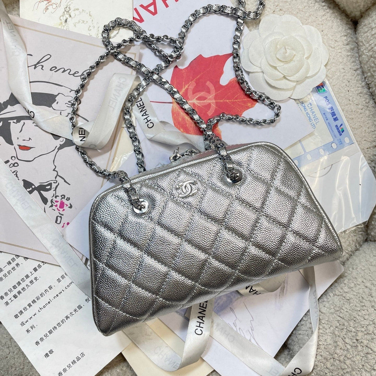 CC 26P Bowling Bag Chain Strap 19.5cn Silver Metallic Caviar Cowhide