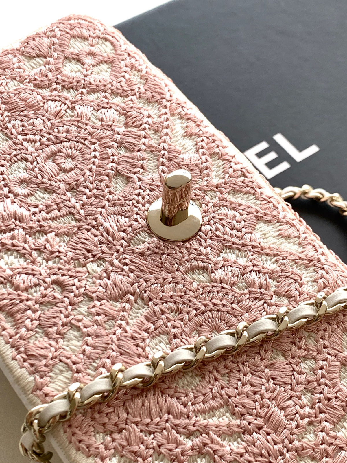 CC 26P Crochet Flap Bag Chain Strap 21cm Pink Tweed 292262