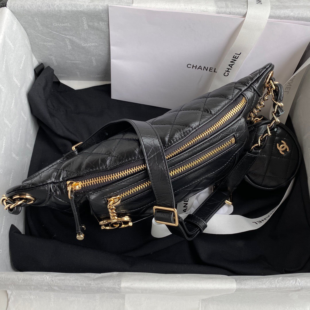 CC Front Zip Waist Bag Charm 34cm Black Lambskin