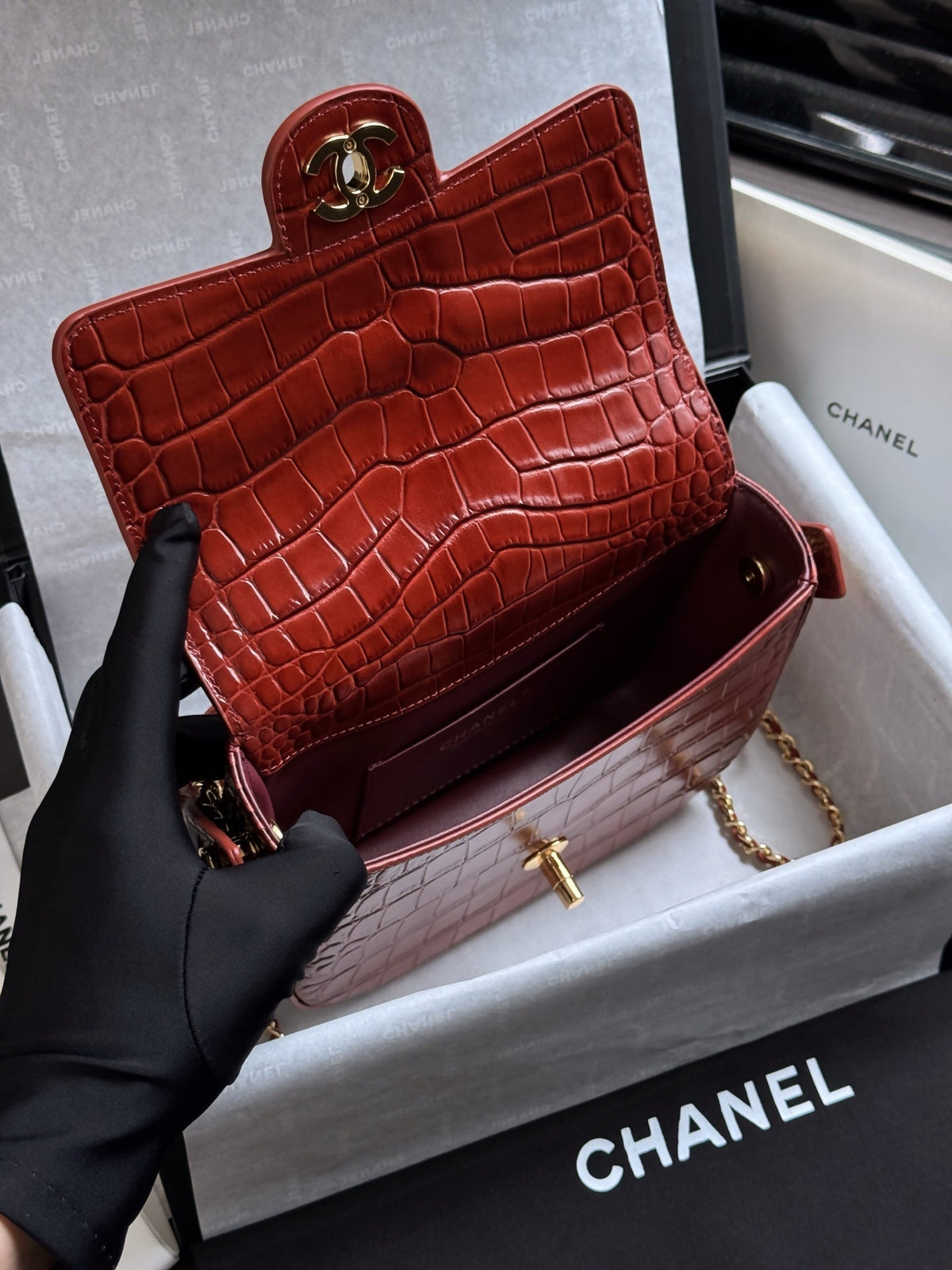 CC Mini Flap Bag with Top Handle Red Crocodile Embossed Calfskin