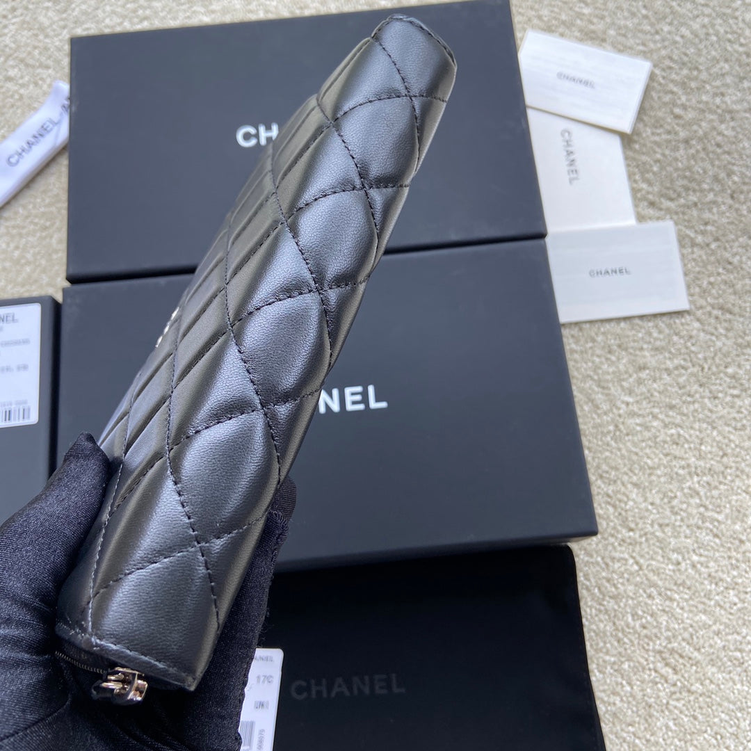 CC A50097 Classic Zipper Wallet Black Lambskin Sliver Steel 229660