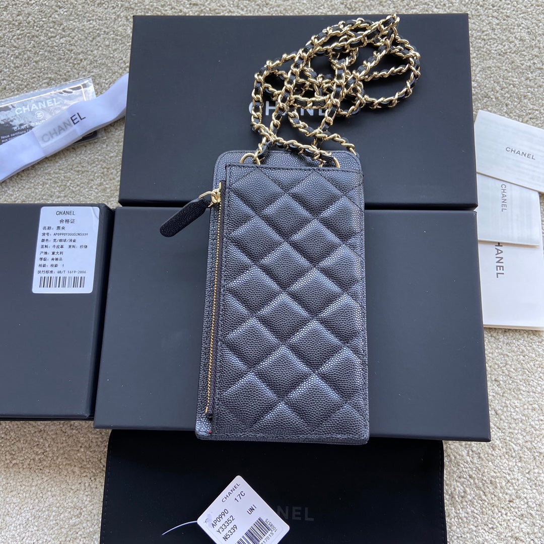Chanel 2026 Phone Holder Crossbody Bag Black Caviar Leather