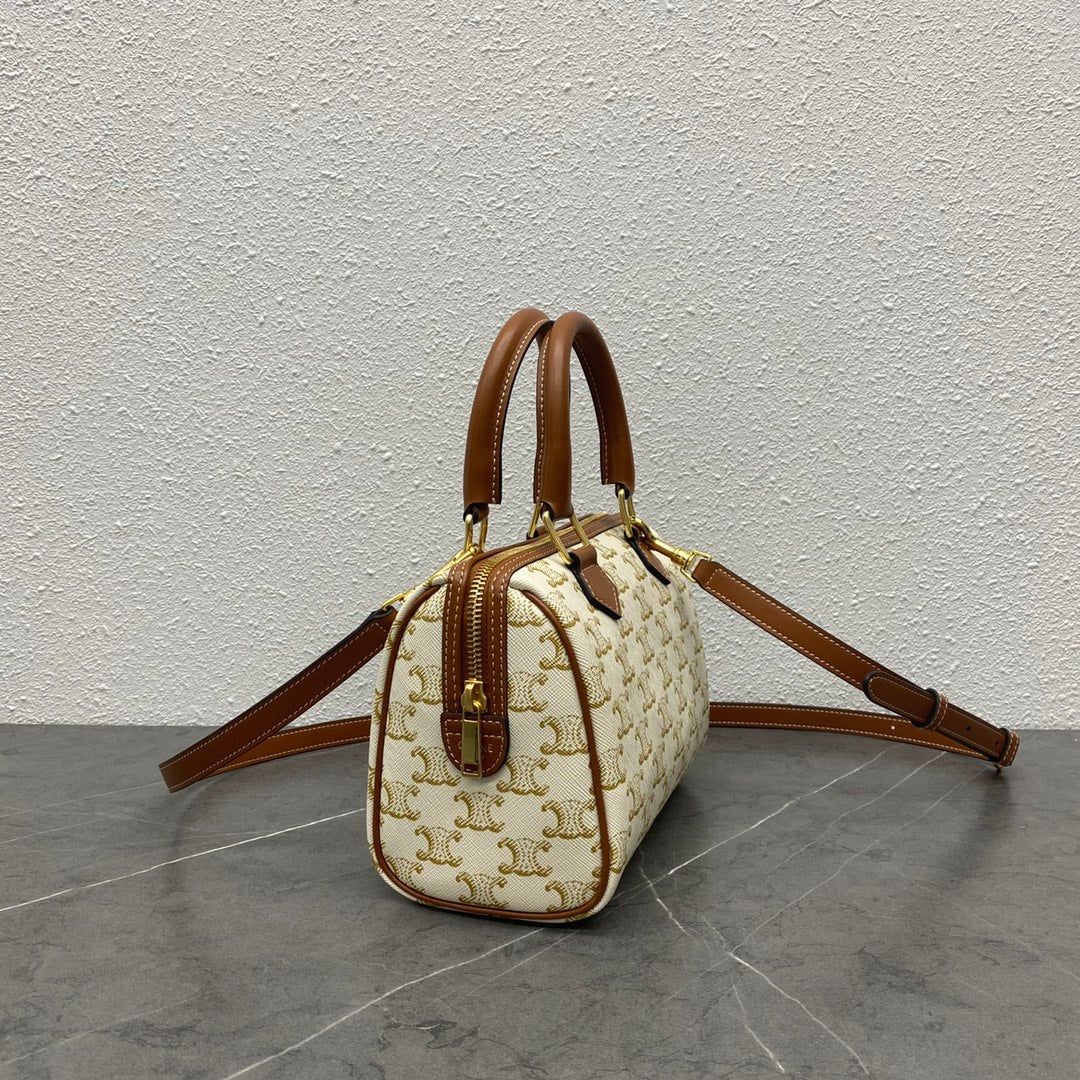 Celine 2026 Boston Bag 19.5cm White Brown Triomphe Canvas Calfskin 281912