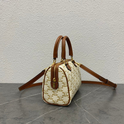 Celine 2026 Boston Bag 19.5cm White Brown Triomphe Canvas Calfskin 281912