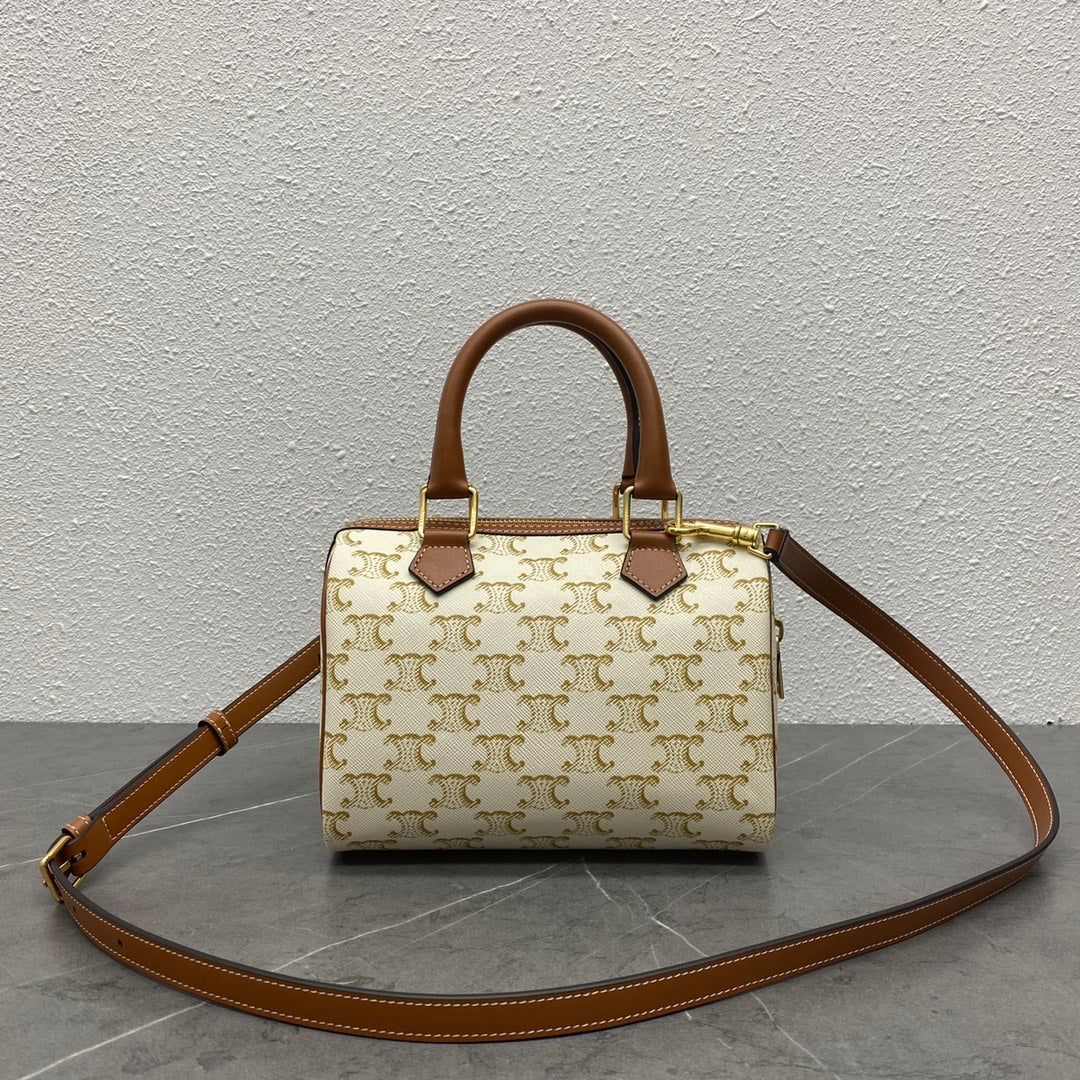 Celine 2026 Boston Bag 19.5cm White Brown Triomphe Canvas Calfskin 281912