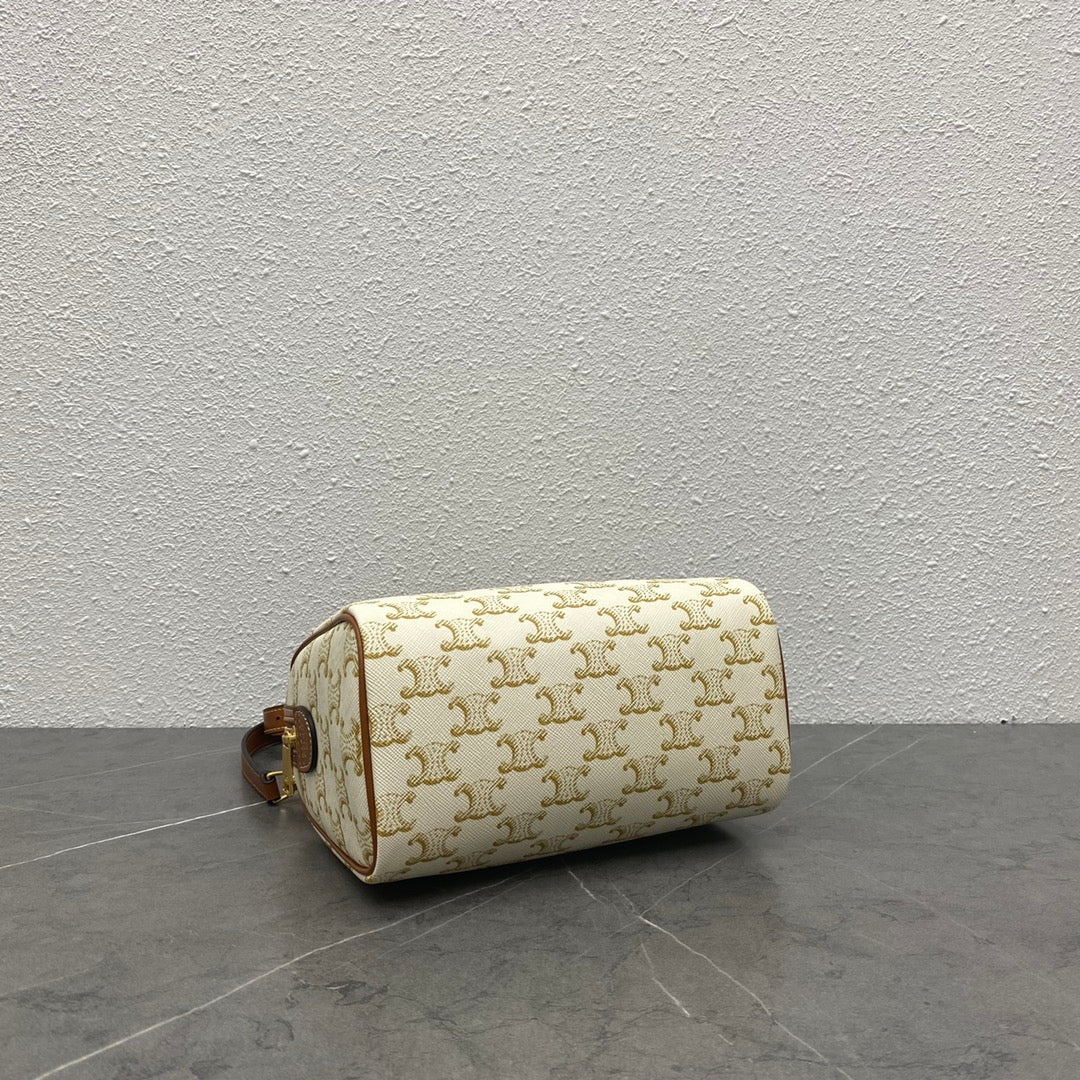 Celine 2026 Boston Bag 19.5cm White Brown Triomphe Canvas Calfskin 281912