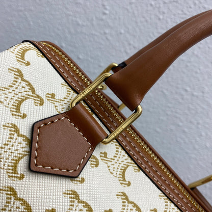Celine 2026 Boston Bag 19.5cm White Brown Triomphe Canvas Calfskin 281912