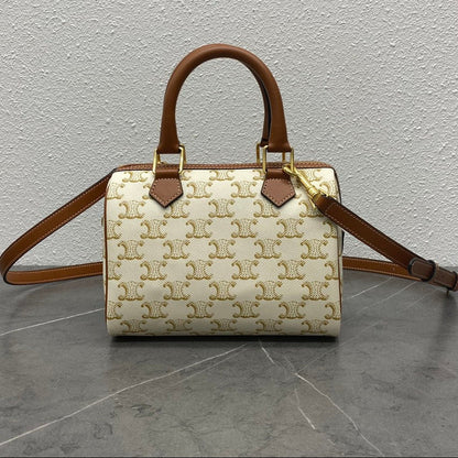 Celine 2026 Boston Bag 19.5cm White Brown Triomphe Canvas Calfskin 281912