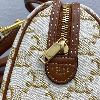 Celine 2026 Boston Bag 19.5cm White Brown Triomphe Canvas Calfskin 281912
