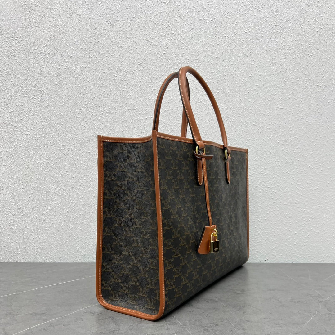 Celine 2026 Horizontal Cabas 43cm Black Brown Triomphe Canvas Calfskin