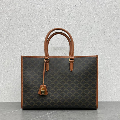 Celine 2026 Horizontal Cabas 43cm Black Brown Triomphe Canvas Calfskin