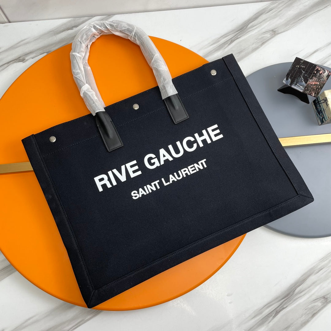 Rive Gauche Tote Black Canvas Leather Trim 286024