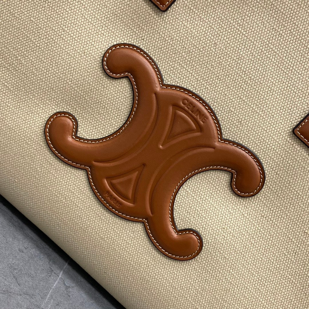 Celine 2026 Cuir Triomphe Cabas Drawstring Tote Bag Natural Tan Canvas Calfskin