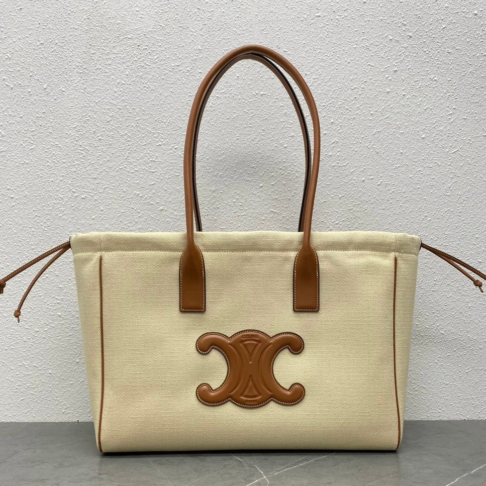 Celine 2026 Cuir Triomphe Cabas Drawstring Tote Bag Natural Tan Canvas Calfskin