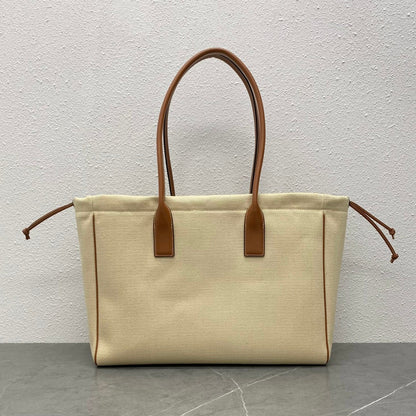 Celine 2026 Cuir Triomphe Cabas Drawstring Tote Bag Natural Tan Canvas Calfskin