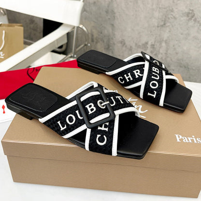 Christian Louboutin 2026 Crossimule Flat Slides Canvas Leather 780389