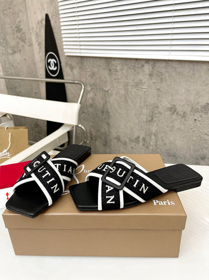 Christian Louboutin 2026 Crossimule Flat Slides Canvas Leather 780389
