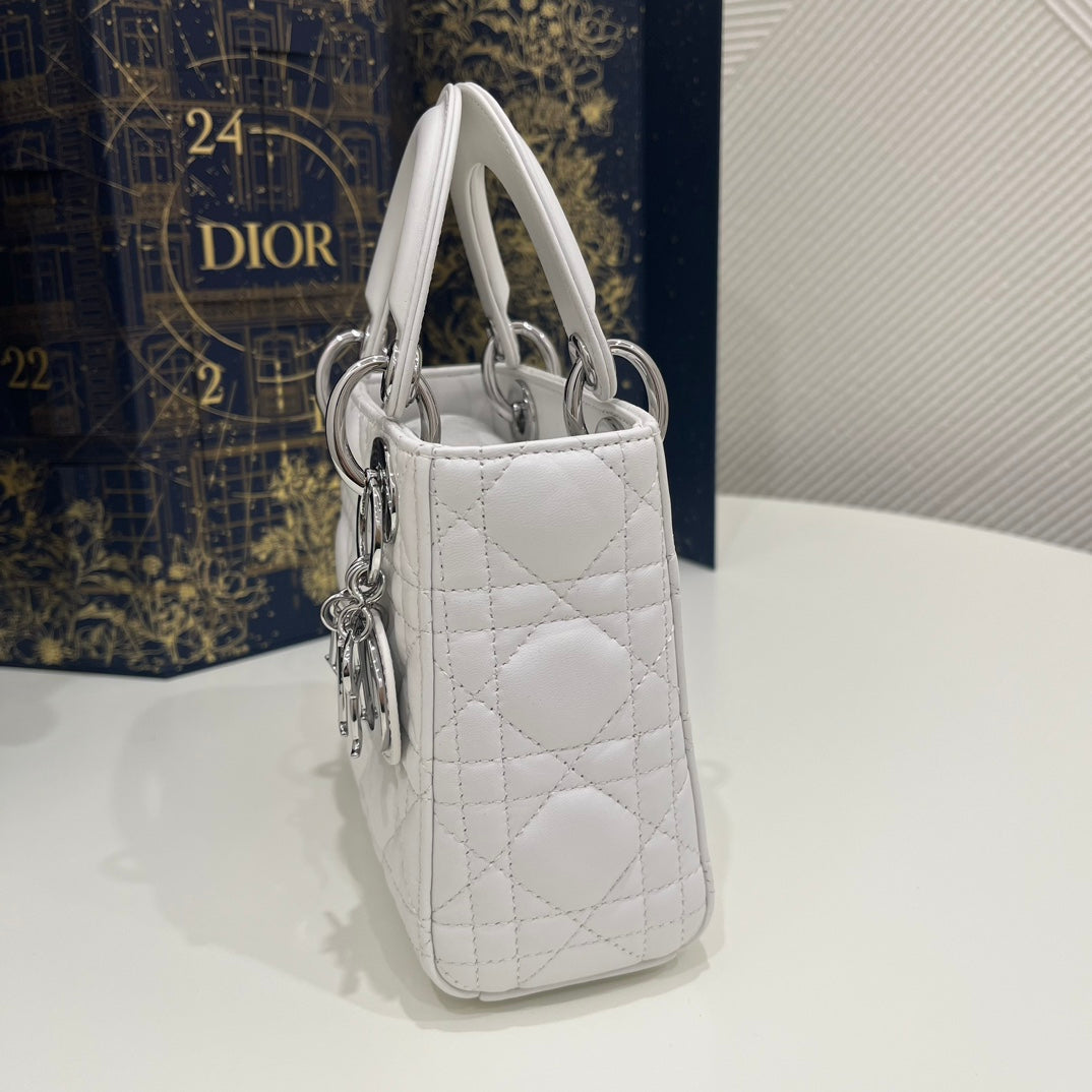 Dior 2026 Lady Bag 17cm White Lambskin With Silver Hardware