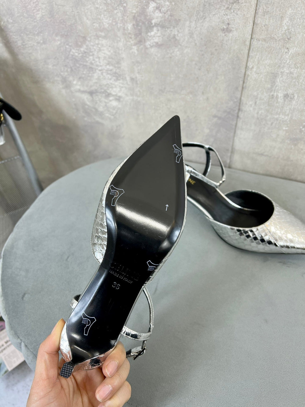 cl kitten with strap 45 platinum lizard stamped metalized calfskin