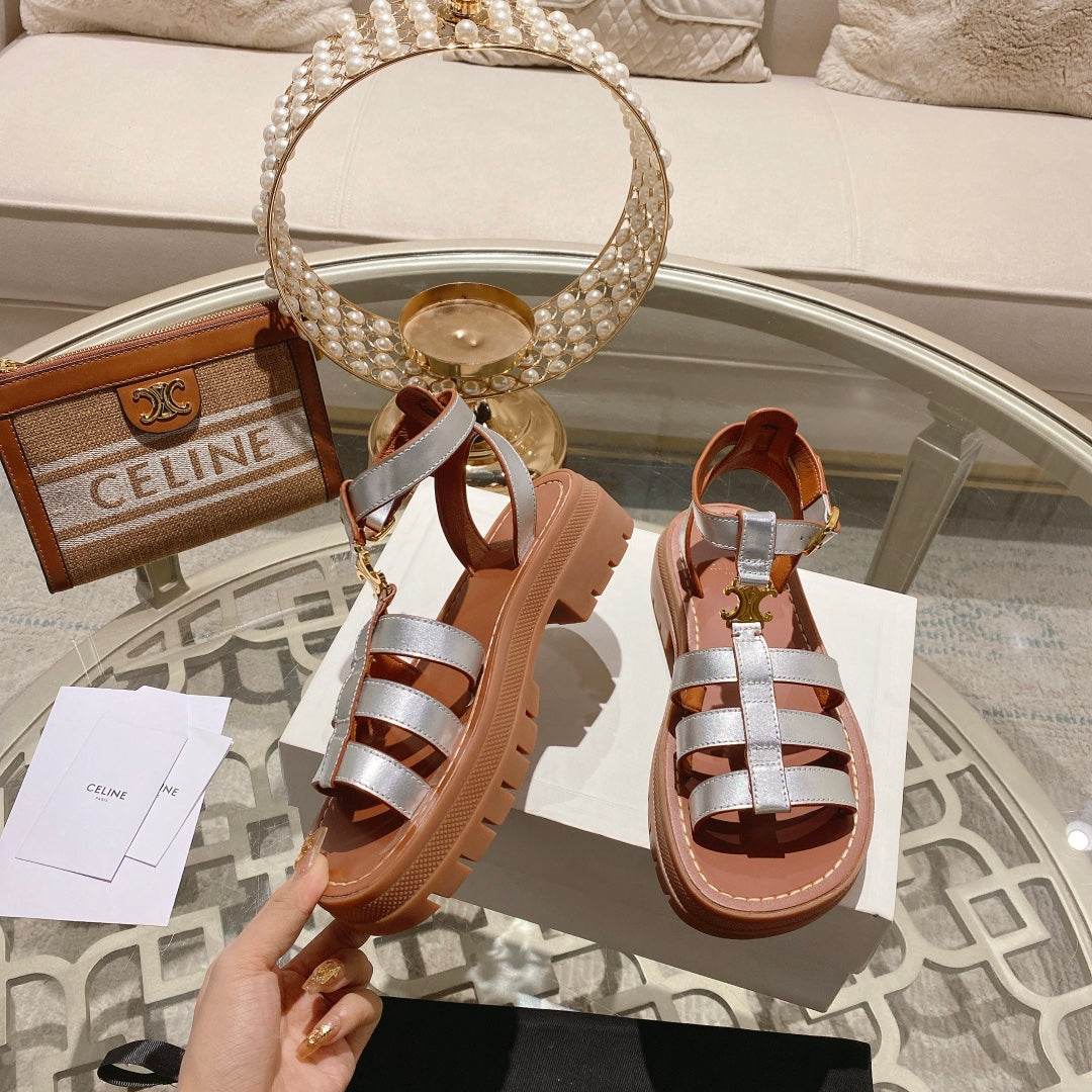 CL Clea Triomphe Gladiator Sandal 40mm Silver Metallic Mix Tan Calfskin 600367
