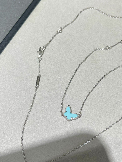 VCA Mini Butterfly Blue Ceramic Necklace Sliver