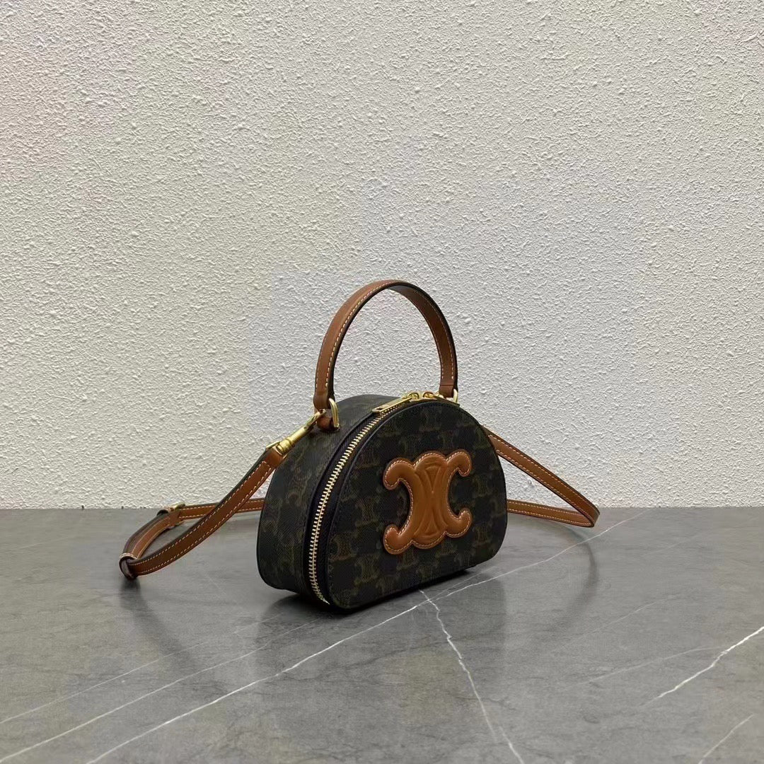 Celine 2026 Half Moon Case 17.5cm Black Brown Canvas Calfskin 281830
