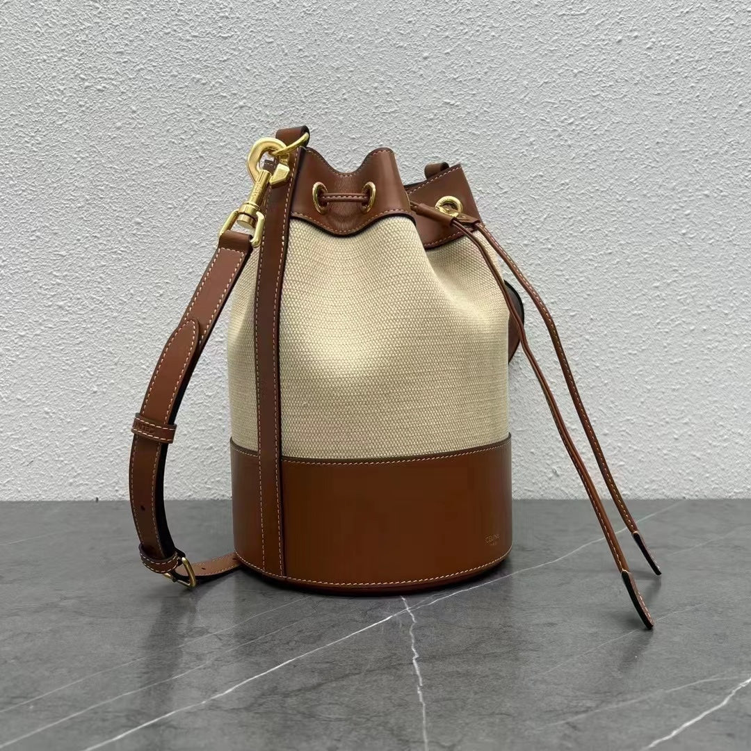 Celine 2026 Drawstring Cabas Marin Bag 26cm Natural Tan Textile Calfskin