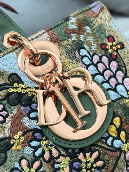 Dior 2026 Embroidered Floral Bag 26cm Green Mix Colors Fabric Leather 158565