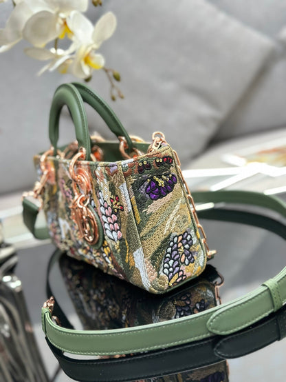 Dior 2026 Embroidered Floral Bag 26cm Green Mix Colors Fabric Leather 158565