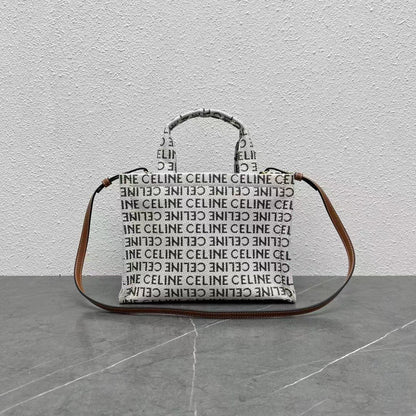 Celine 2026 Triomphe Printed Bag 26cm White Brown Black Canvas Calfskin 283599
