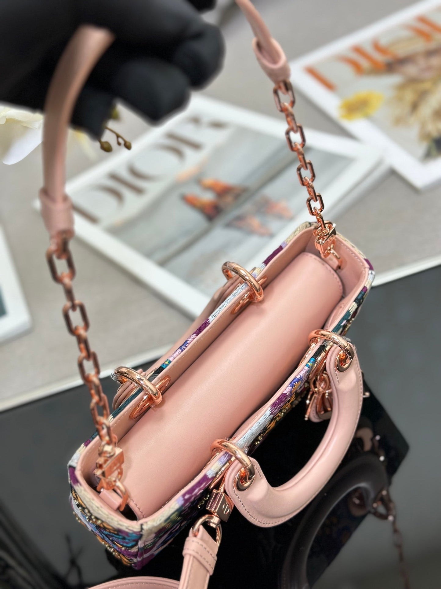 Dior 2026 Embroidered Floral Bag 22cm Pink Mix Colors Fabric Leather 158576