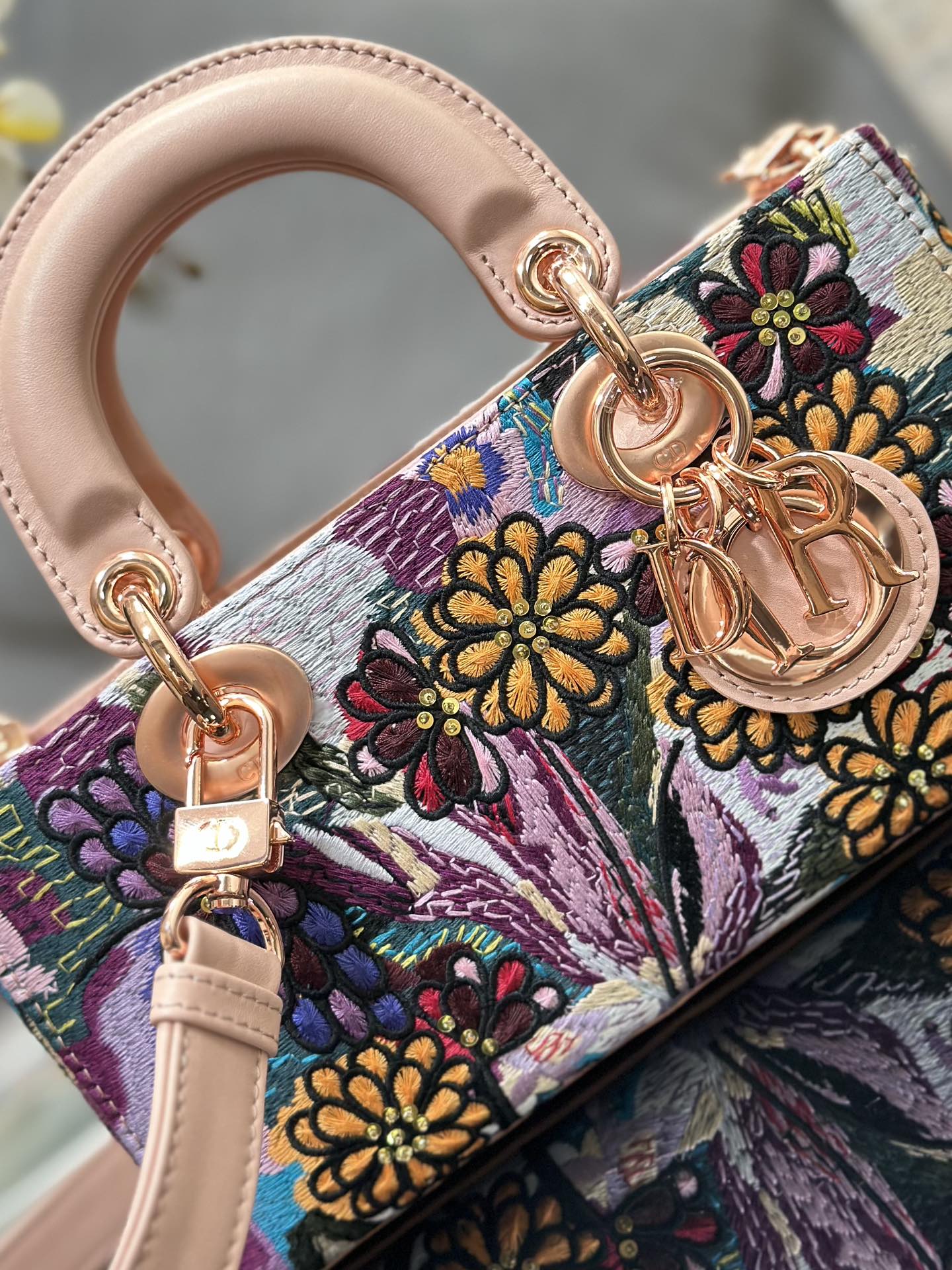 Dior 2026 Embroidered Floral Bag 22cm Pink Mix Colors Fabric Leather 158576