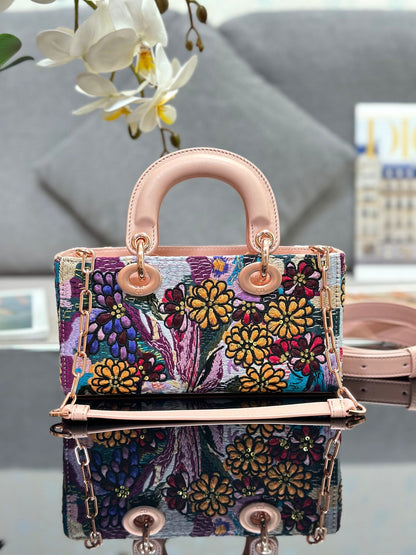 Dior 2026 Embroidered Floral Bag 22cm Pink Mix Colors Fabric Leather 158576