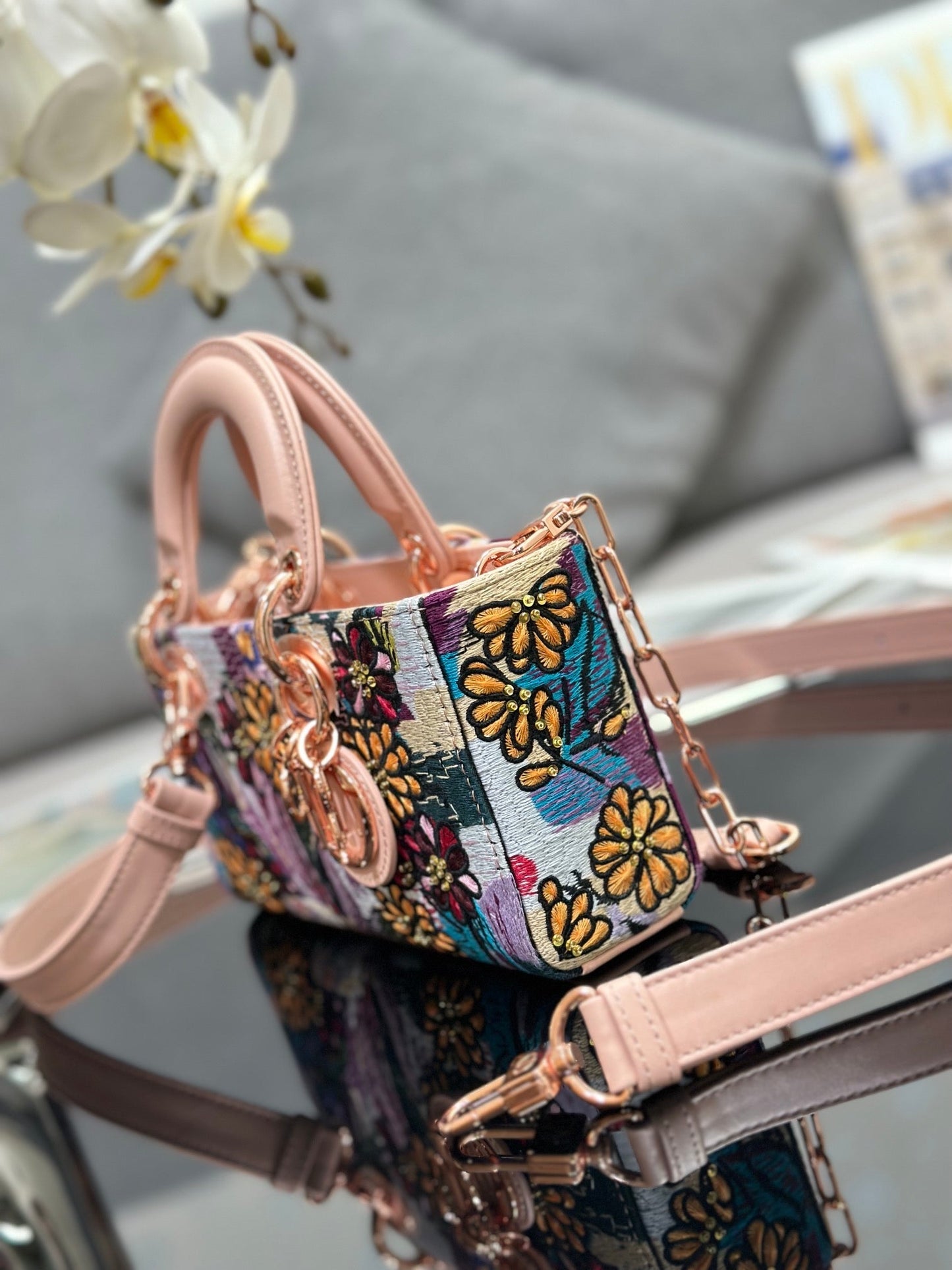 Dior 2026 Embroidered Floral Bag 22cm Pink Mix Colors Fabric Leather 158576