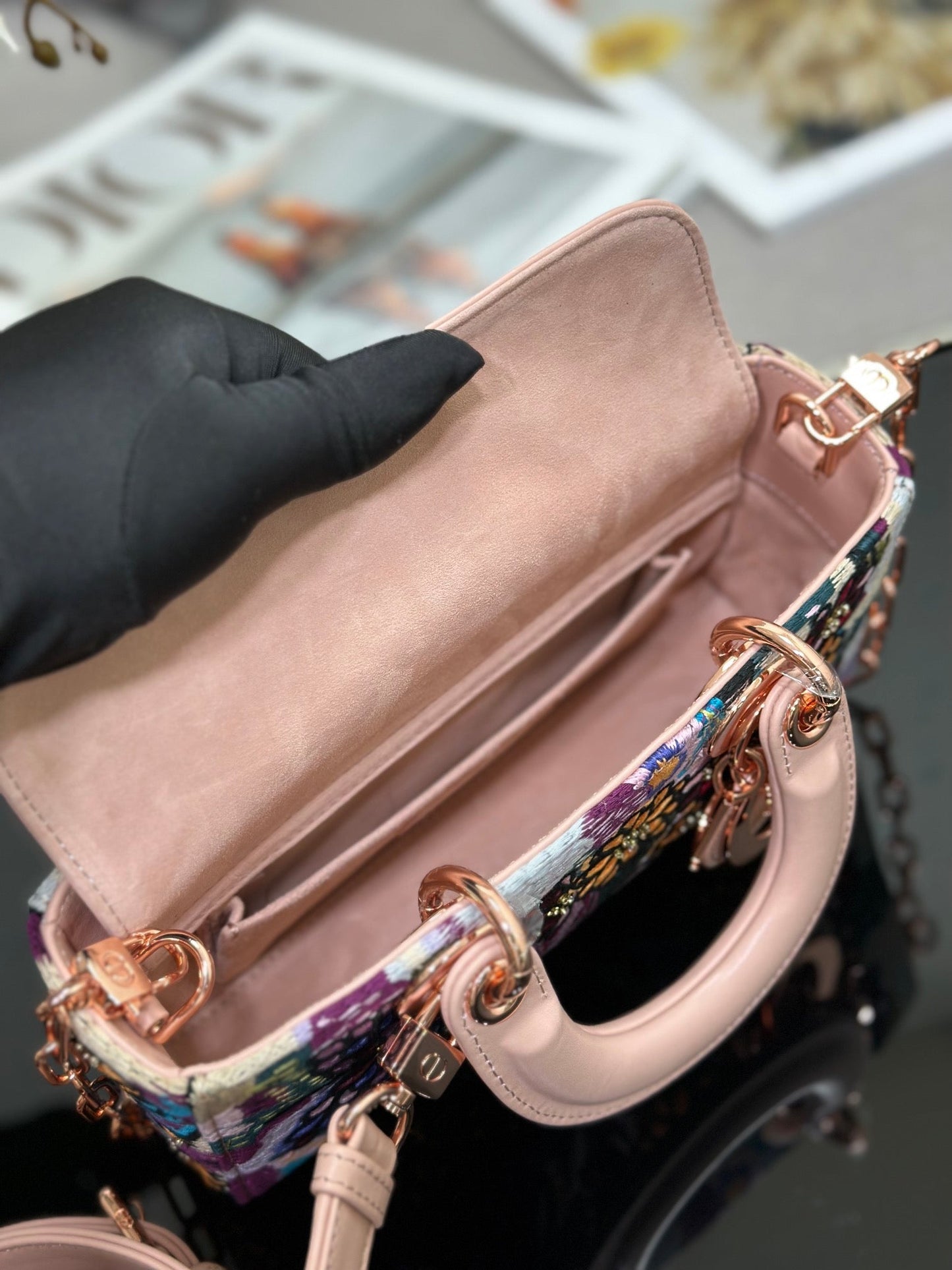 Dior 2026 Embroidered Floral Bag 22cm Pink Mix Colors Fabric Leather 158576