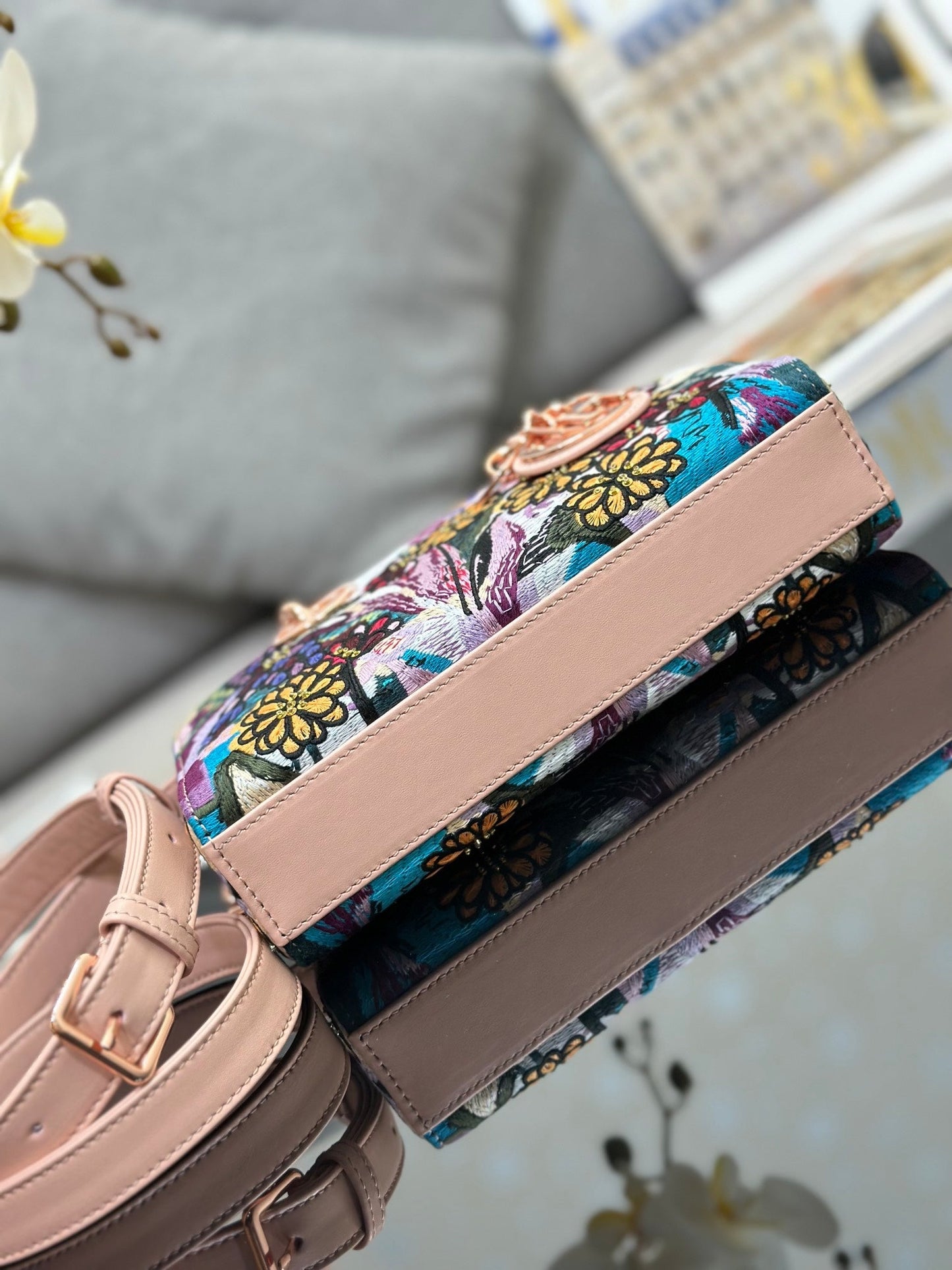 Dior 2026 Embroidered Floral Bag 22cm Pink Mix Colors Fabric Leather 158576