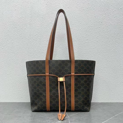 Celine 2026 Cabas Drawstring 45cm Black Brown Canvas Leather