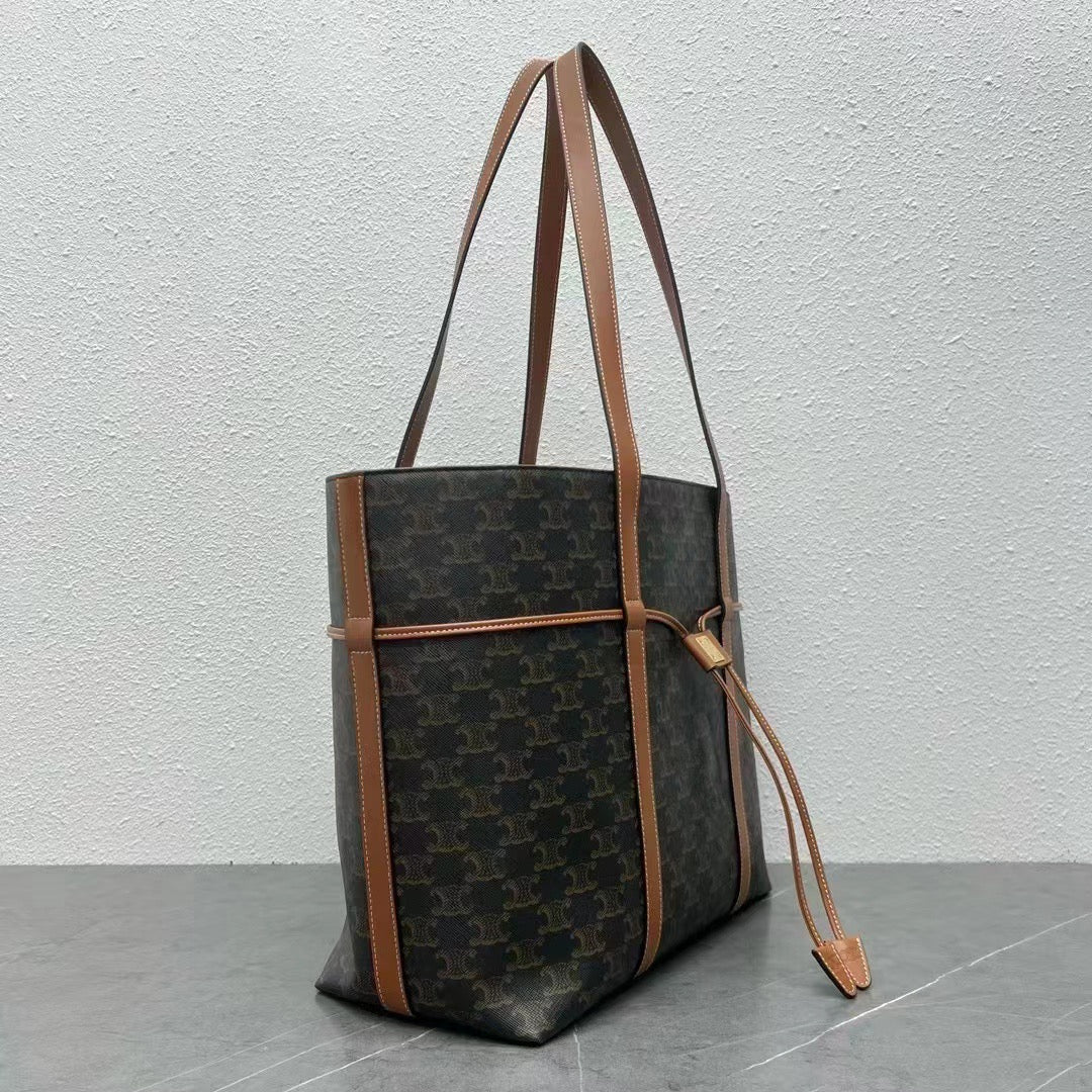 Celine 2026 Cabas Drawstring 45cm Black Brown Canvas Leather