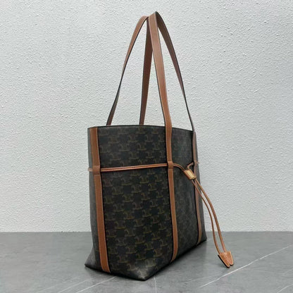 Celine 2026 Cabas Drawstring 45cm Black Brown Canvas Leather